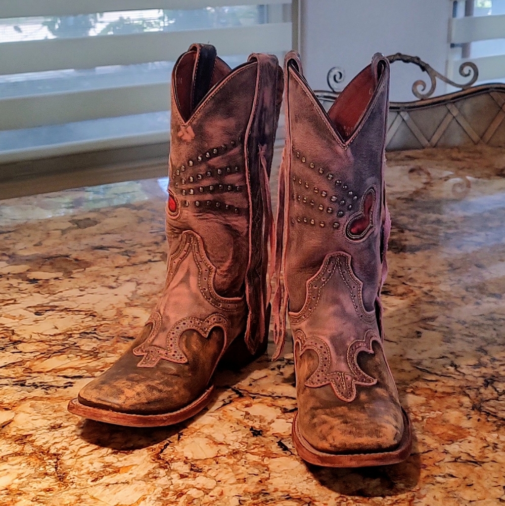 Dan Post Distressed Brown Leather Studded Western Heeled Boots - Picture 3 of 14